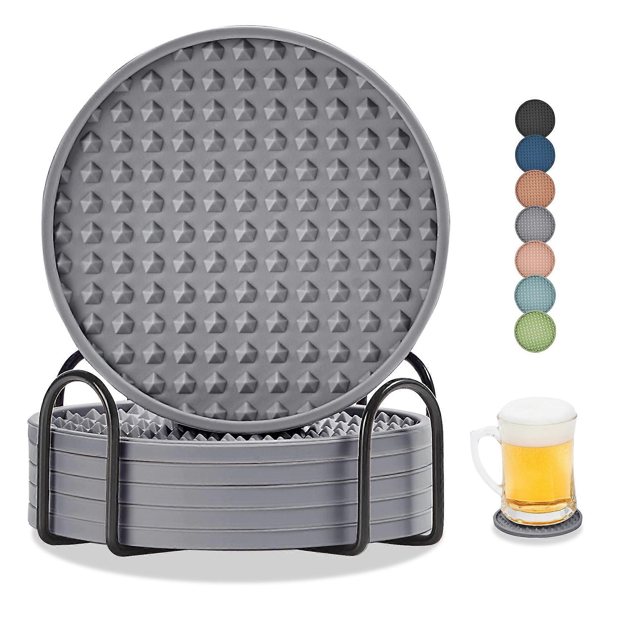 Silicone Drink Coasters Set of 6 with Holder, Heat Resistant NonSlip for Coffee Table, Grey