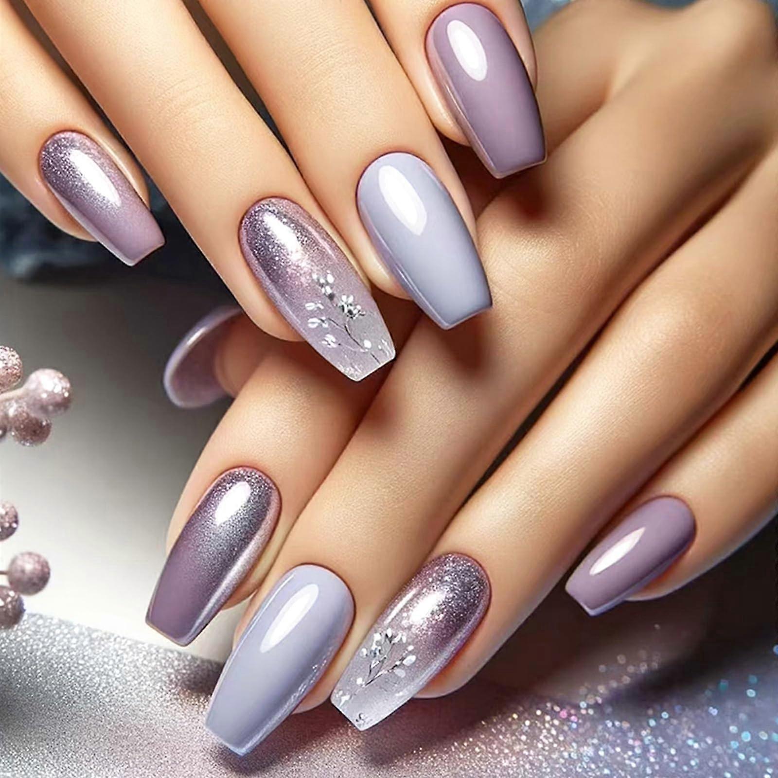 Purple Floral Coffin Press On Nails Gradient Glitter Acrylic False Nails Medium Length 24Pcs