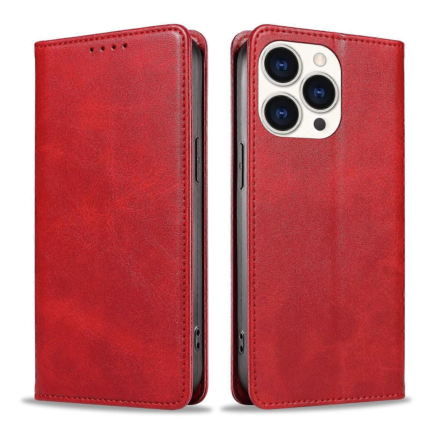 Case For Iphone 13 Mini Red Magnetic Leather Calf Pattern Flip No8439