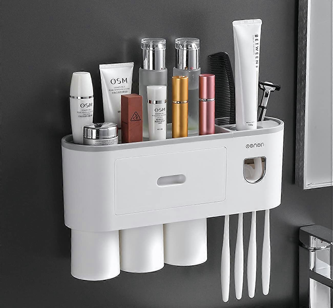 Wall Mounted Toothbrush Holder with Cups and Automatic Toothpaste Dispenser for Bathroom