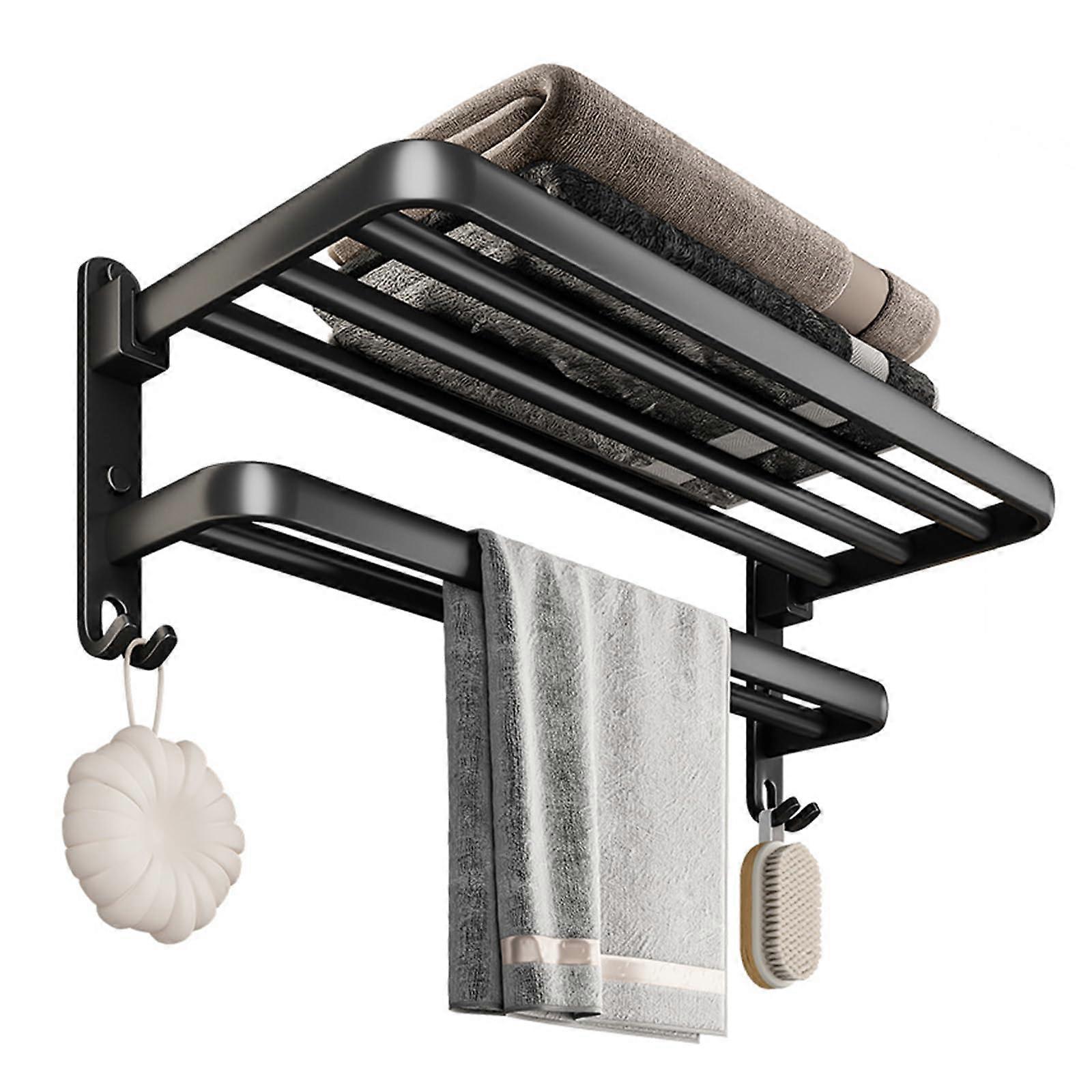 Bathroom Towel Rack Wall Mounted Foldable Shelf Space Saving Black Aluminum Dual Bar Storage