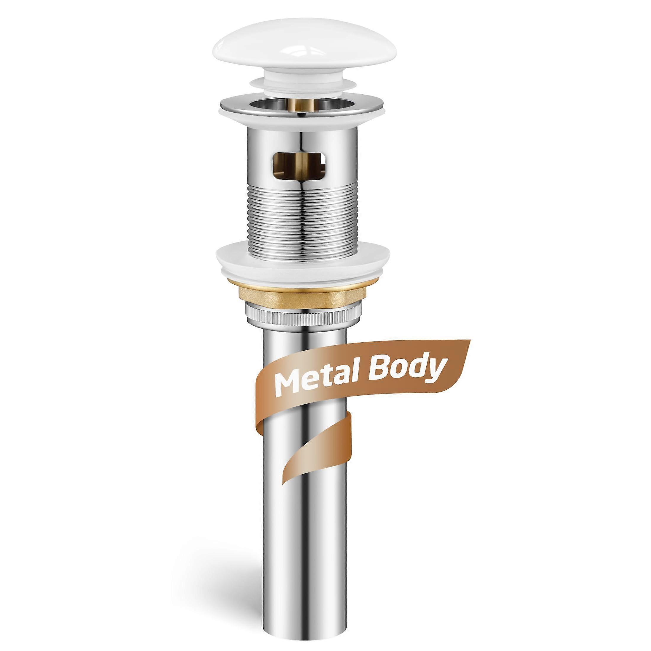 Bathroom Sink Drain with Overflow, Ceramic Pop Up Stopper, AllMetal RustResistant White Ref:7240