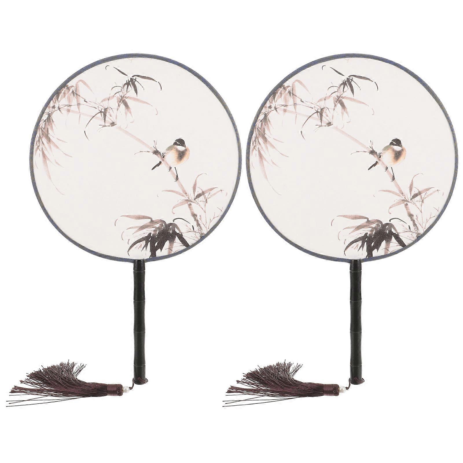 Round Hand Fan Chinese Style Cooling Function Assorted Color 33.3x21cm 2Pcs