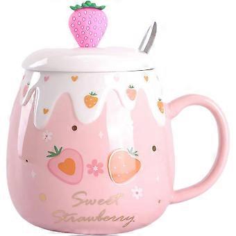 Rosa kvinnlig kaffekoppsmugg, jordgubbe koreansk härlig student keramisk frukostkopp med lock och sked 450ml / 15oz, rosa A