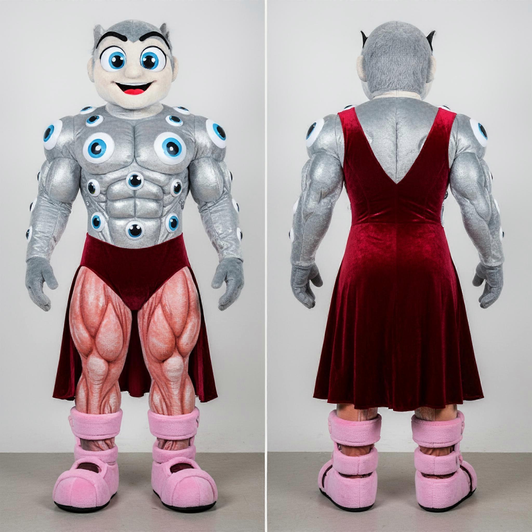 MASTICOT Silver Muscular Cartoon Strongman Mascot