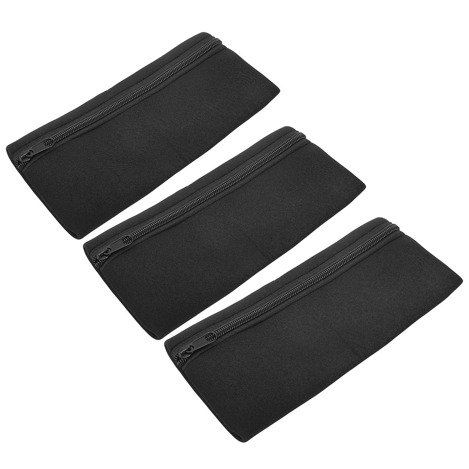 3Pcs Front Zipper Pen Cases MultiFunction Bag Large Capacity Neoprene Portable Stationery Storage(Black )
