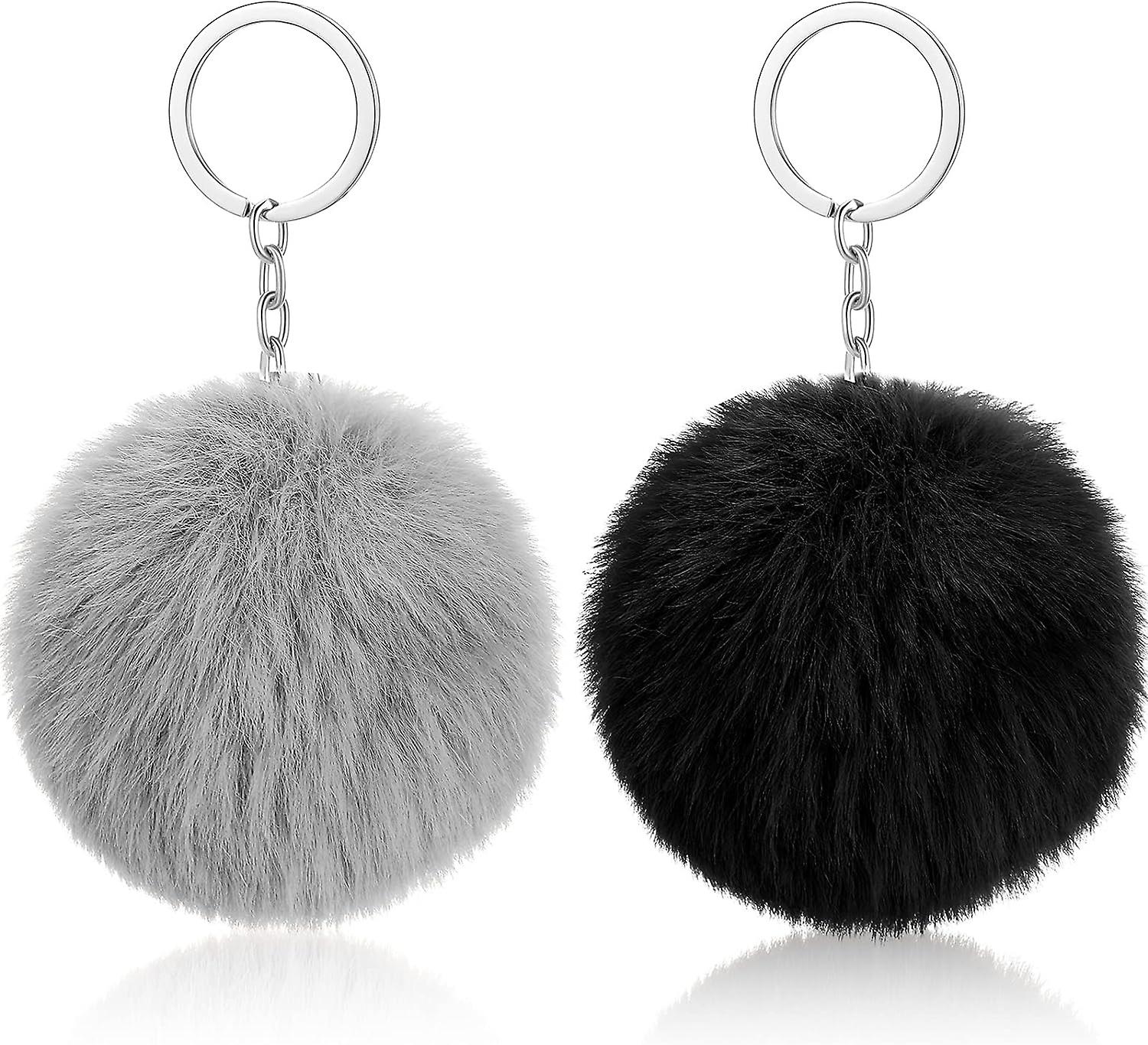 2 Pieces Pompoms Keychains Fluffy Faux Pompoms Key Ring Soft Plush Keyring Ornament Pendant Accessory for Girls Women(Gray,Black)