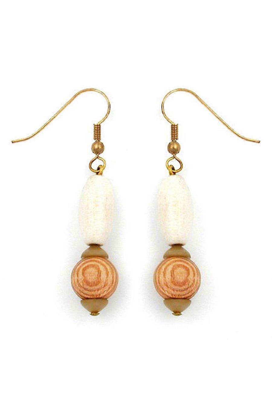 Hook Earrings Wooden Beads White Beige - Gl02914