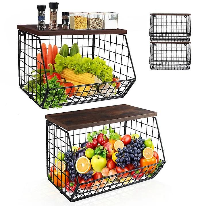 2Pcs Fruit Basket Kitchen Storage Wire Baskets with Wood Lid, Stackable Hanging