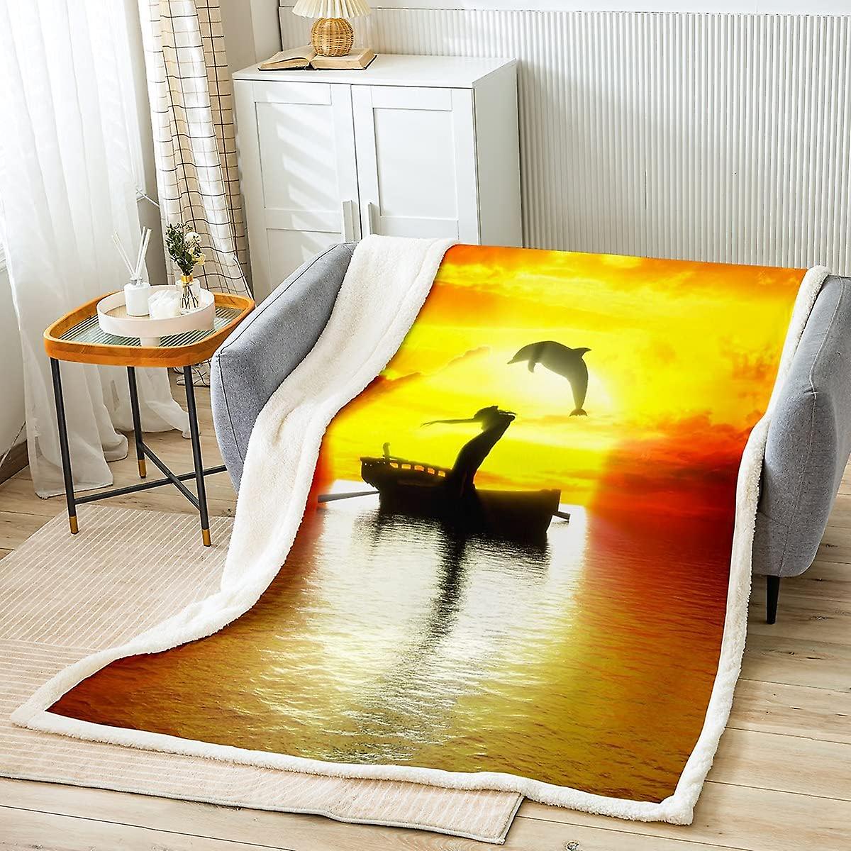 Morski pluszowy koc Ocean Fleece Rzuć koc delfin Sherpa koc do łóżka sofa z mikrofibry żaglówka ciepły rozmyty koc podwójny