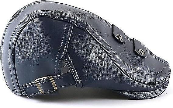 （Blue）Men's Flat Cap Hat Adjustable Flat Beret PU Leather 56-60cm