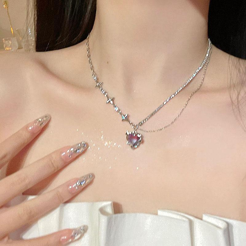 Y2k Purple Crystal Heart Pendant Necklace Women Light Luxury Egirl