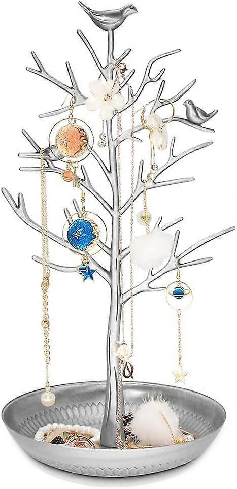 Silver Birds Tree Jewelry Stand Display Earring Necklace Holder Organizer Rack Tower