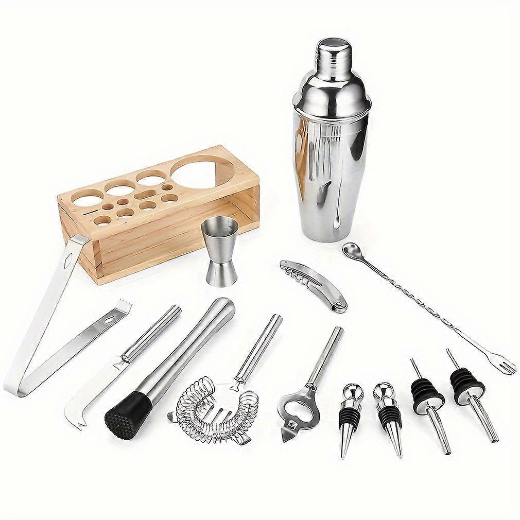 14ピースバーテンダーキット - ホームバーテンダー愛好家のためのスタイリッシュなウッドスタンドとマティーニカクテルシェーカーを備えた包括的なバーツールセット - 完璧な楽しみ