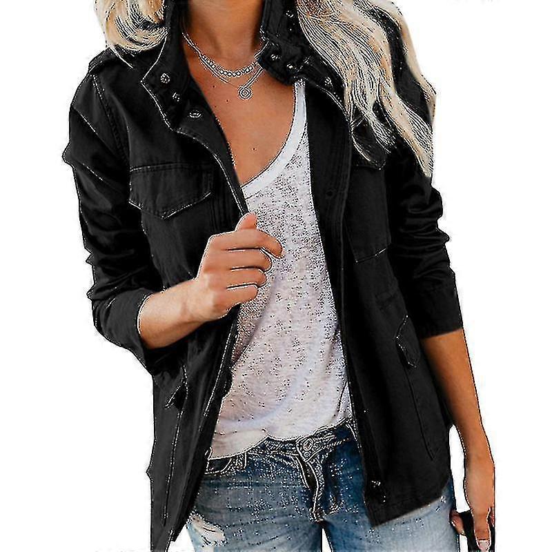 Ladies Snap Buttons Military Jacket Streetwear Fall Coat Long Eeve Utility Jackets
