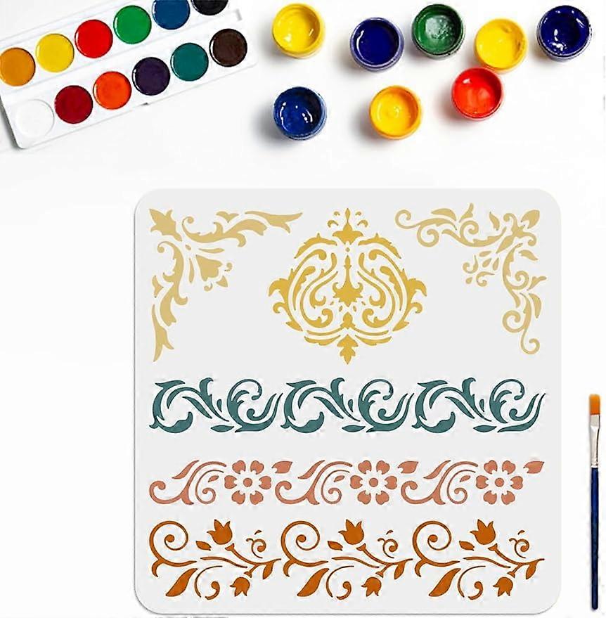 1Pc Retro Flower Border Stencils Ornate Border Stencil with Paint Brush