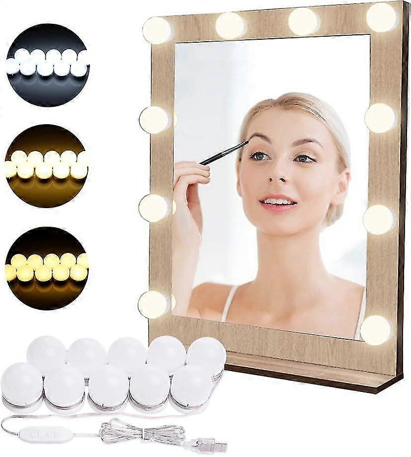 Led Mirror Light Lamp Cosmetic Mirror Lighting 10 Steps Brightness & 3 Color Modes, 10 Led Mirror Lights Makeup Usb Hollywood Bulbs (mirror Not Includ