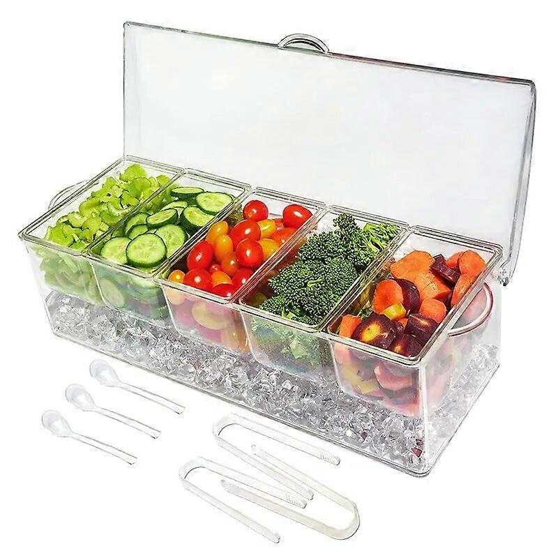 Condiment Server on Ice  Chilled Caddy with 5 Removable Compartments  Chilled Serving Tray Container with Hinged Lid