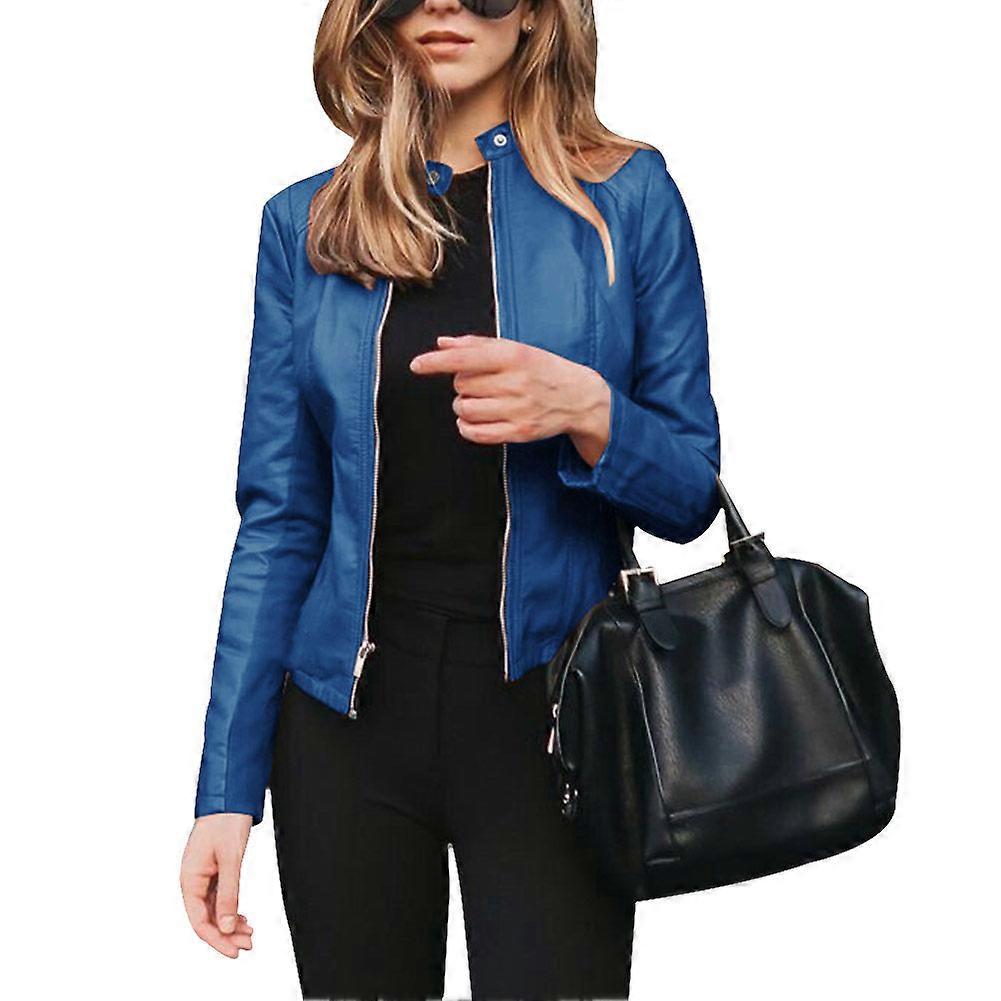 Femei PU piele sacou jachete fermoare stand guler birou moda haina outerwear