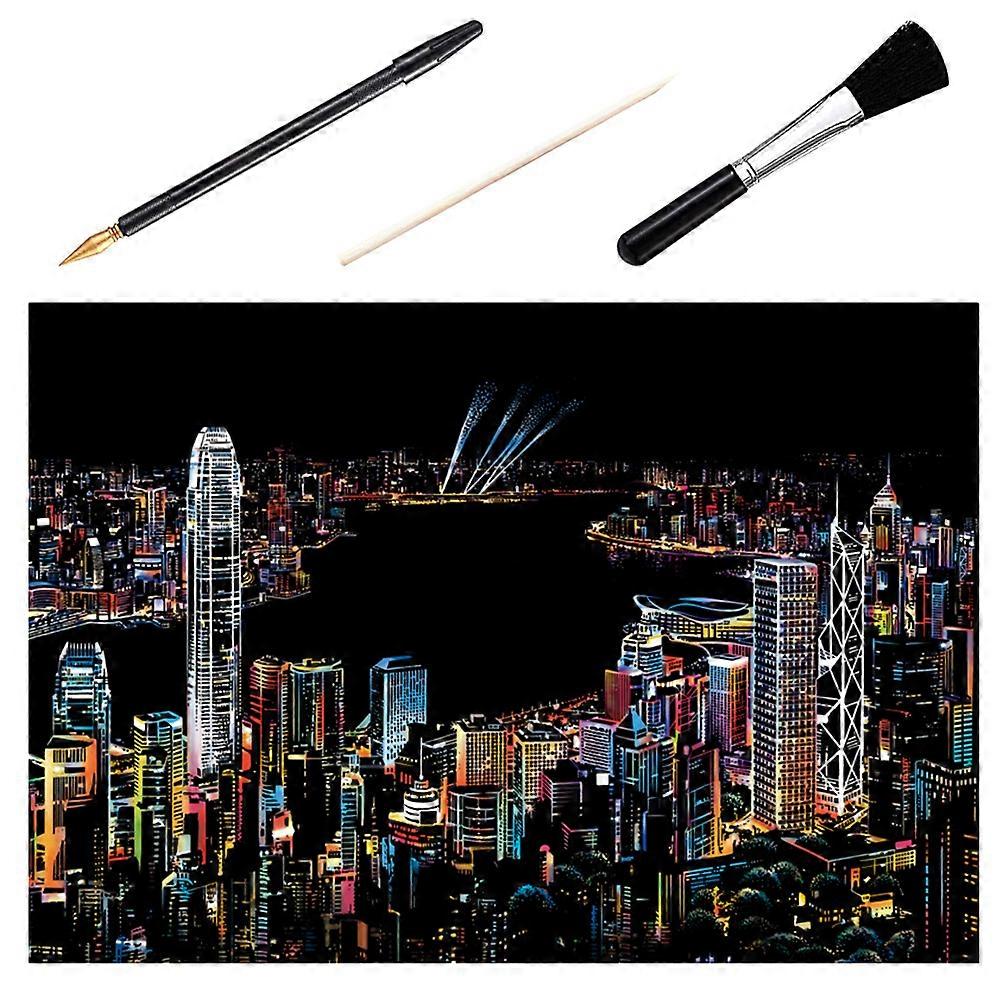 1 Set Scratch Painting Accessories City Night Picture DIY Scratch Paper Bamboo Rod Pen Brush Kit