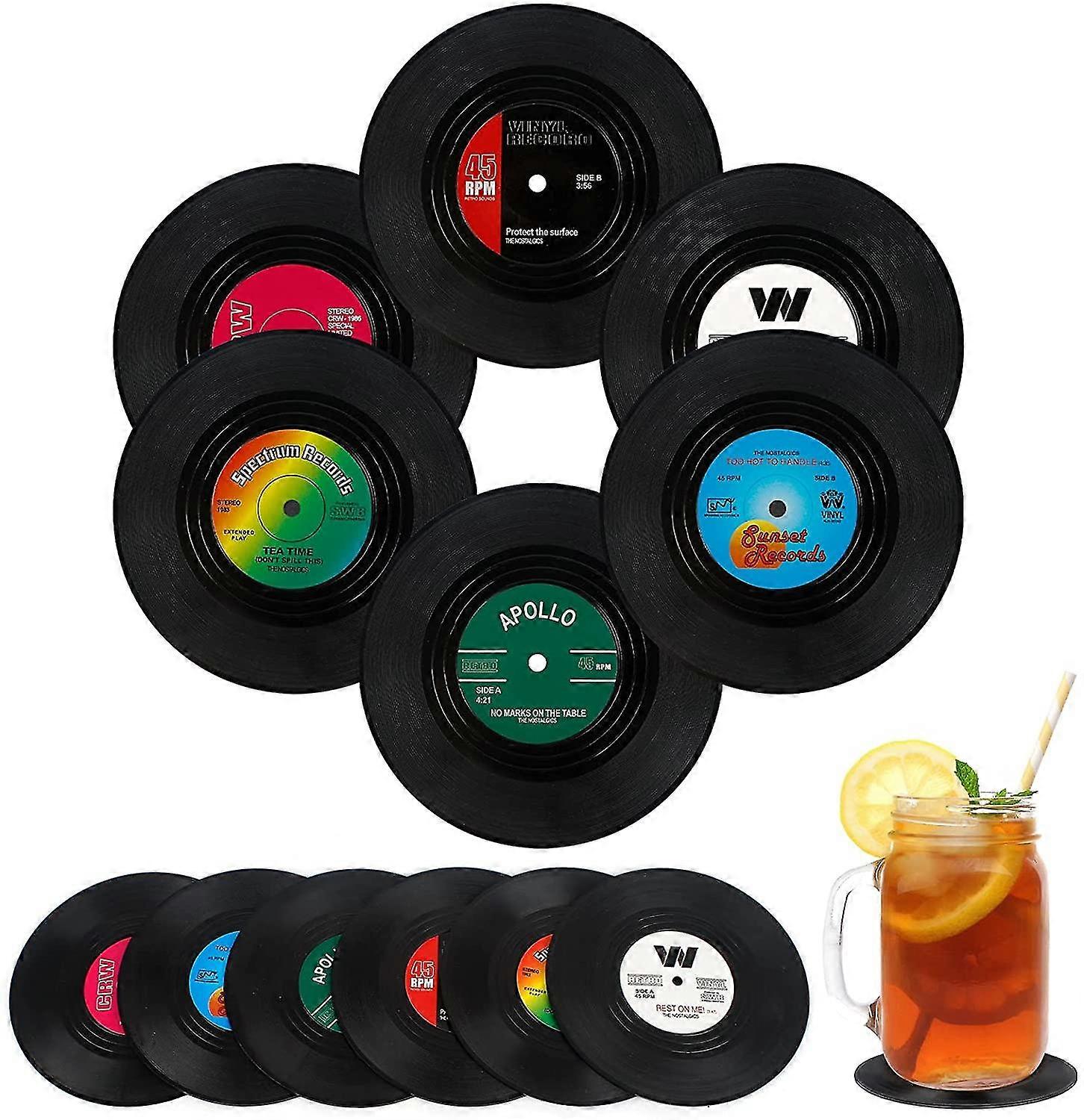 Glass Coasters 12 Pieces Vinyl Record Coasters Retro Drinks Coasters Round Cup