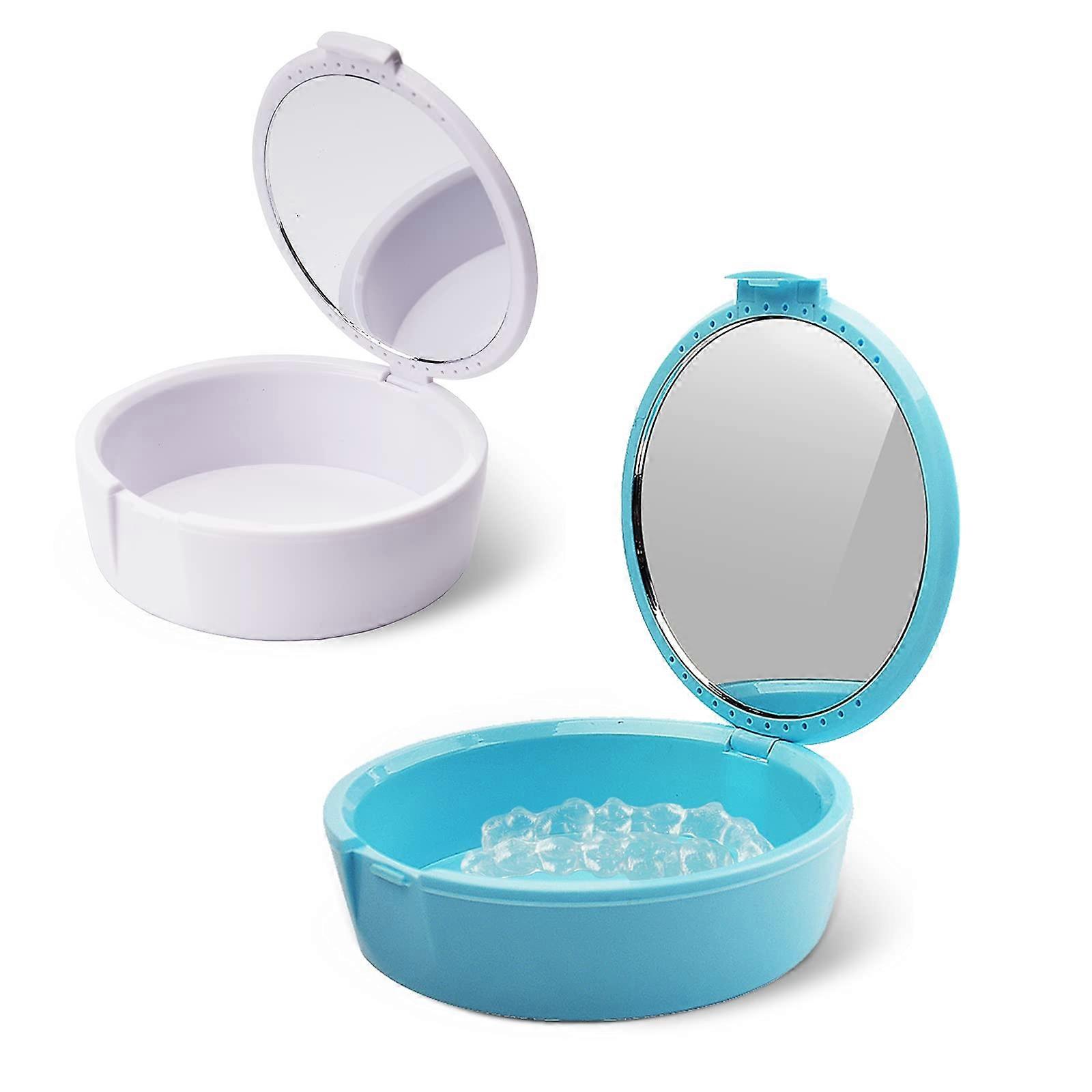 with Mirror Container Denture Storage Box (Light Blue+White)