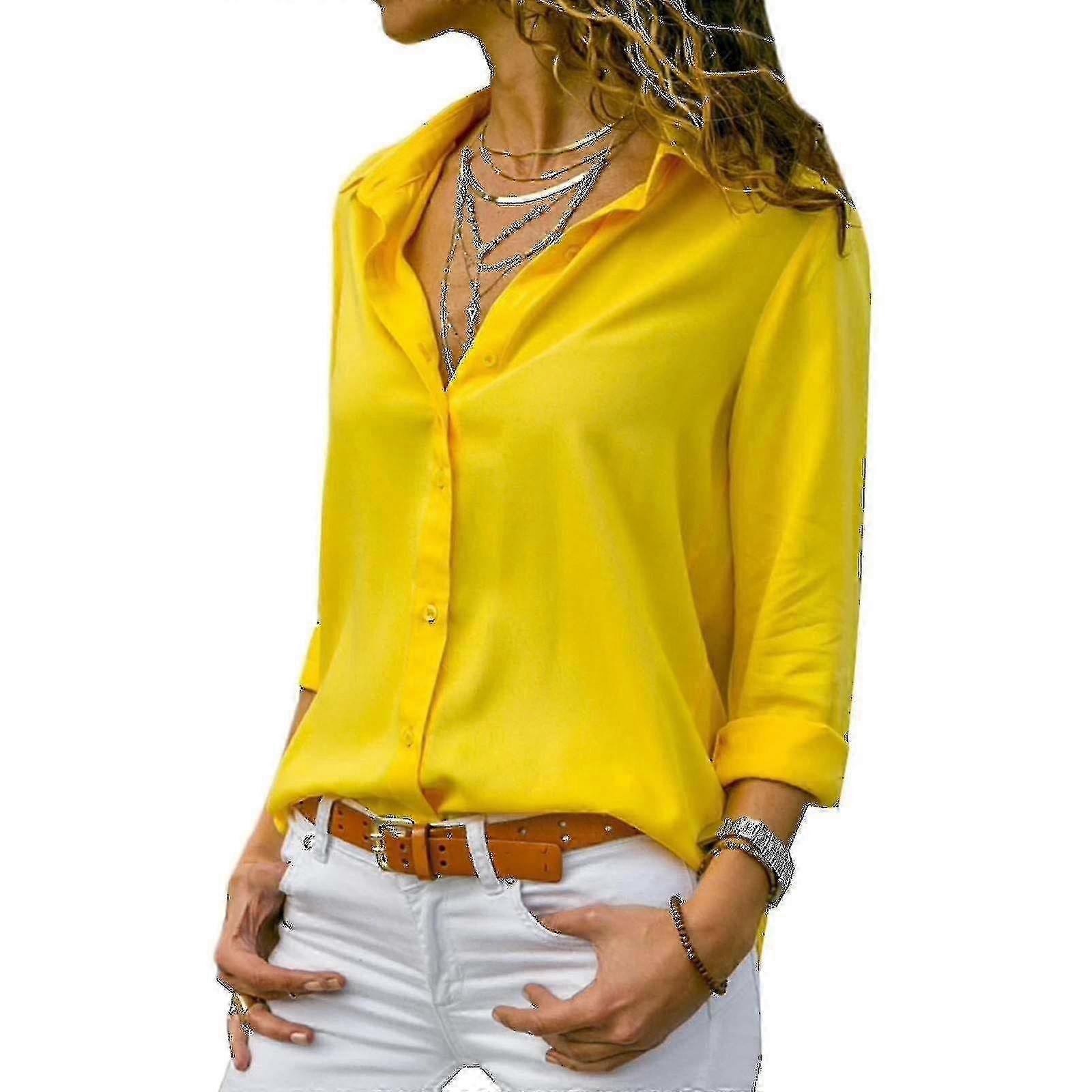 Women Long Sleeve Solid Button Down Lapel Shirt