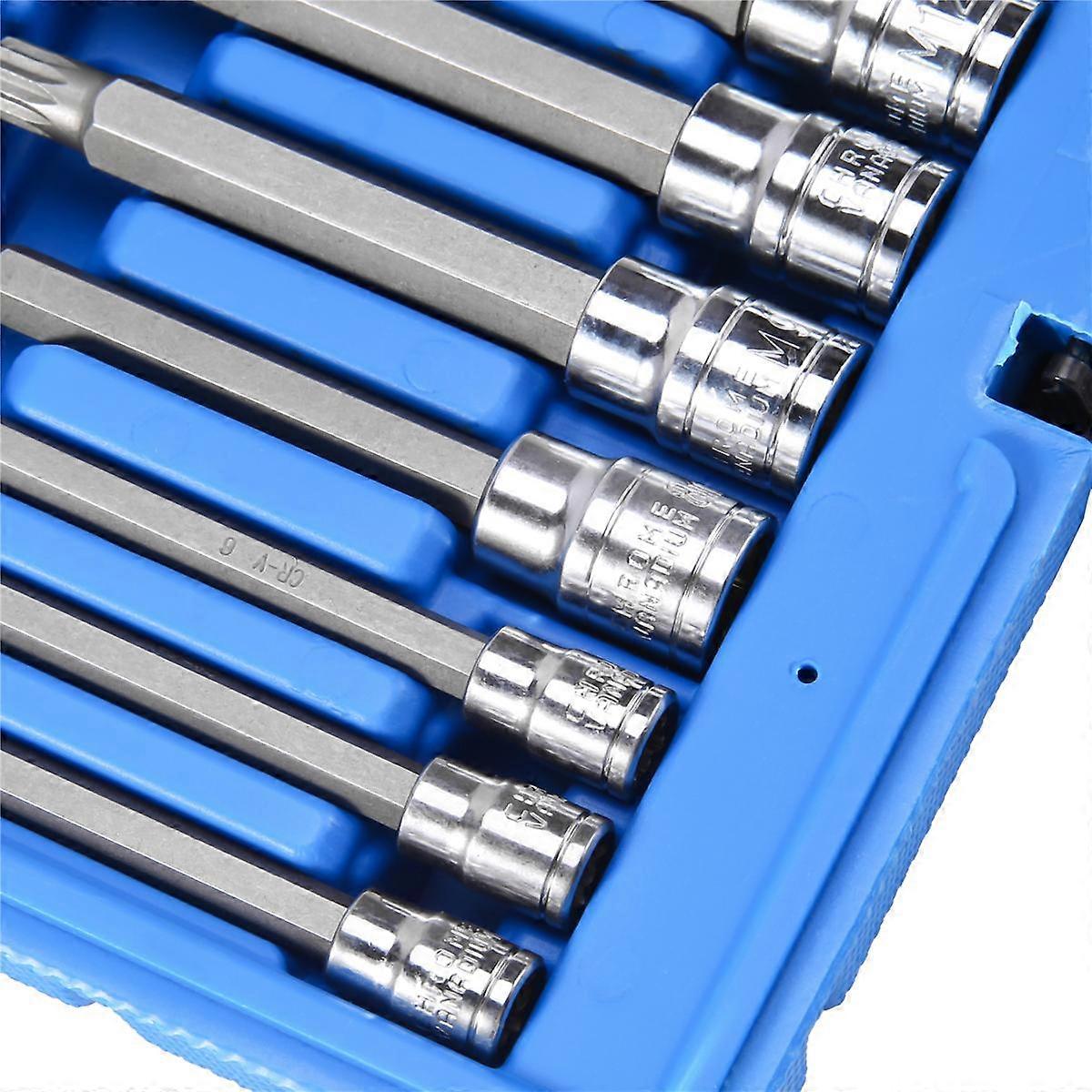 10 Piece 4 inch Spline Tip Bit Socket Set M-Type Universal Sleeve - Triple Spline Bit Socket Set