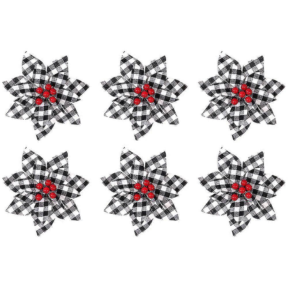 6 st Julrutig blomma Xmas Trädprydnader för vintage julgrankransar Bröllopssemester dekor (svartvitt)