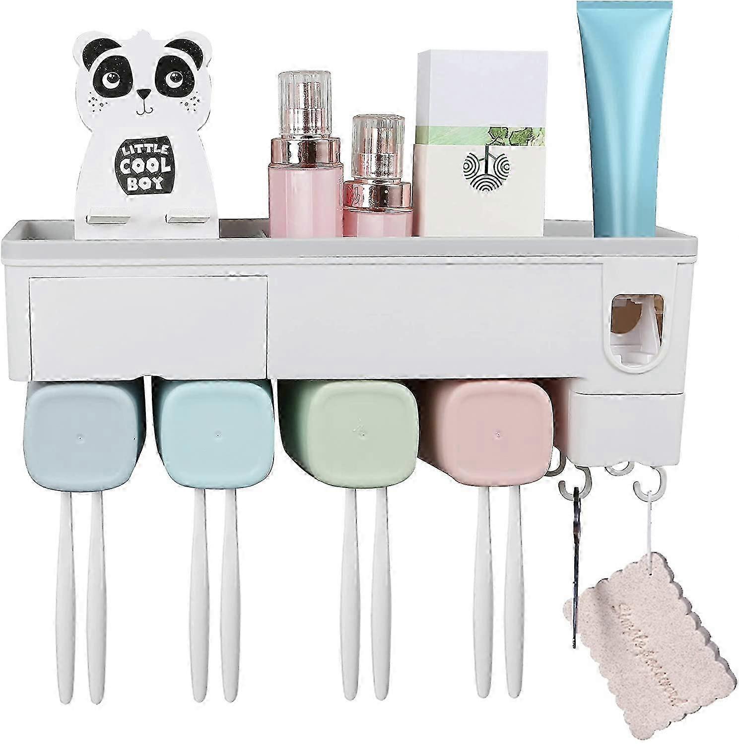 Wall Mounted Adhesive Toothbrush Holder and Storage with Toothpaste Dispenser