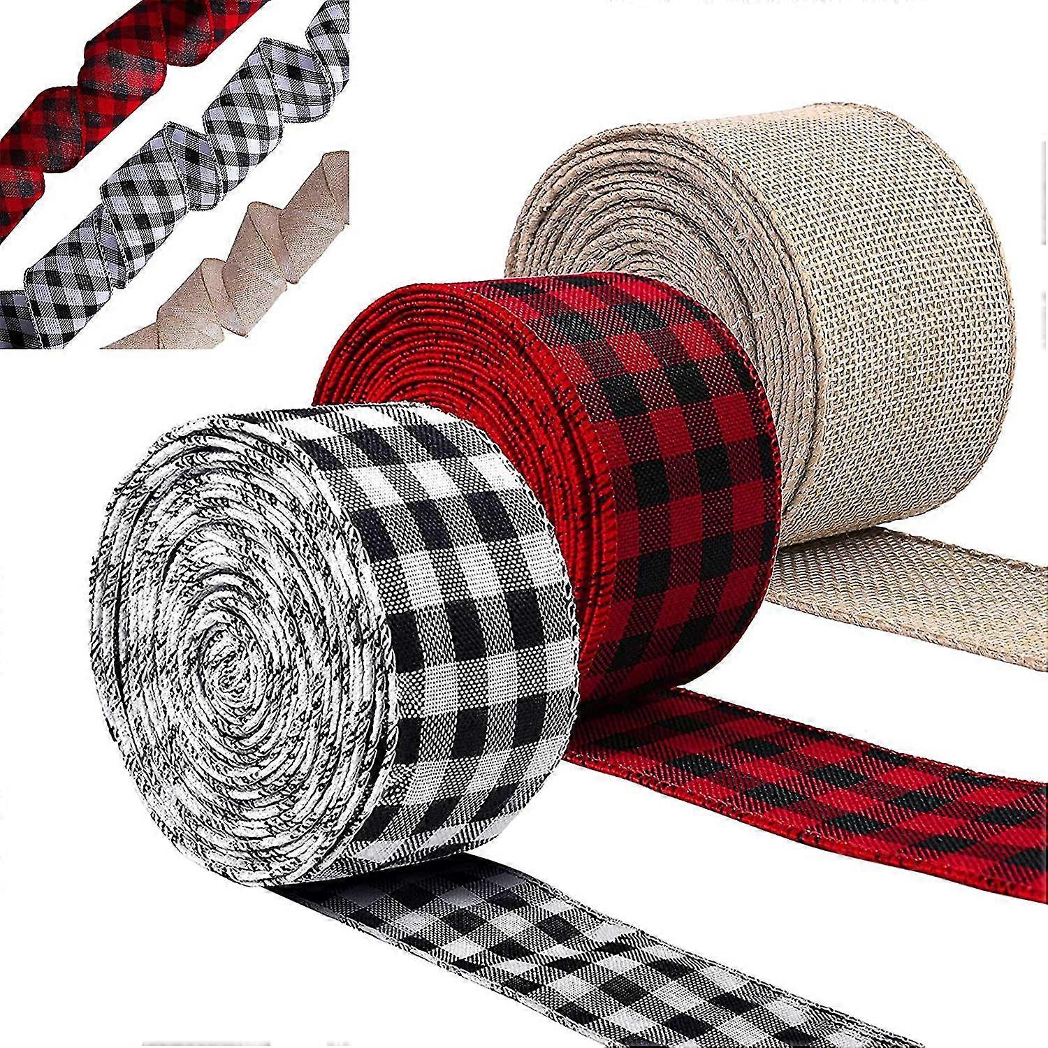 3 Rolls Wired Burlap Ribbon - BetterJonny Red & Black Wired Plaid, Black & White Buffalo Check and Burlap for Crafting