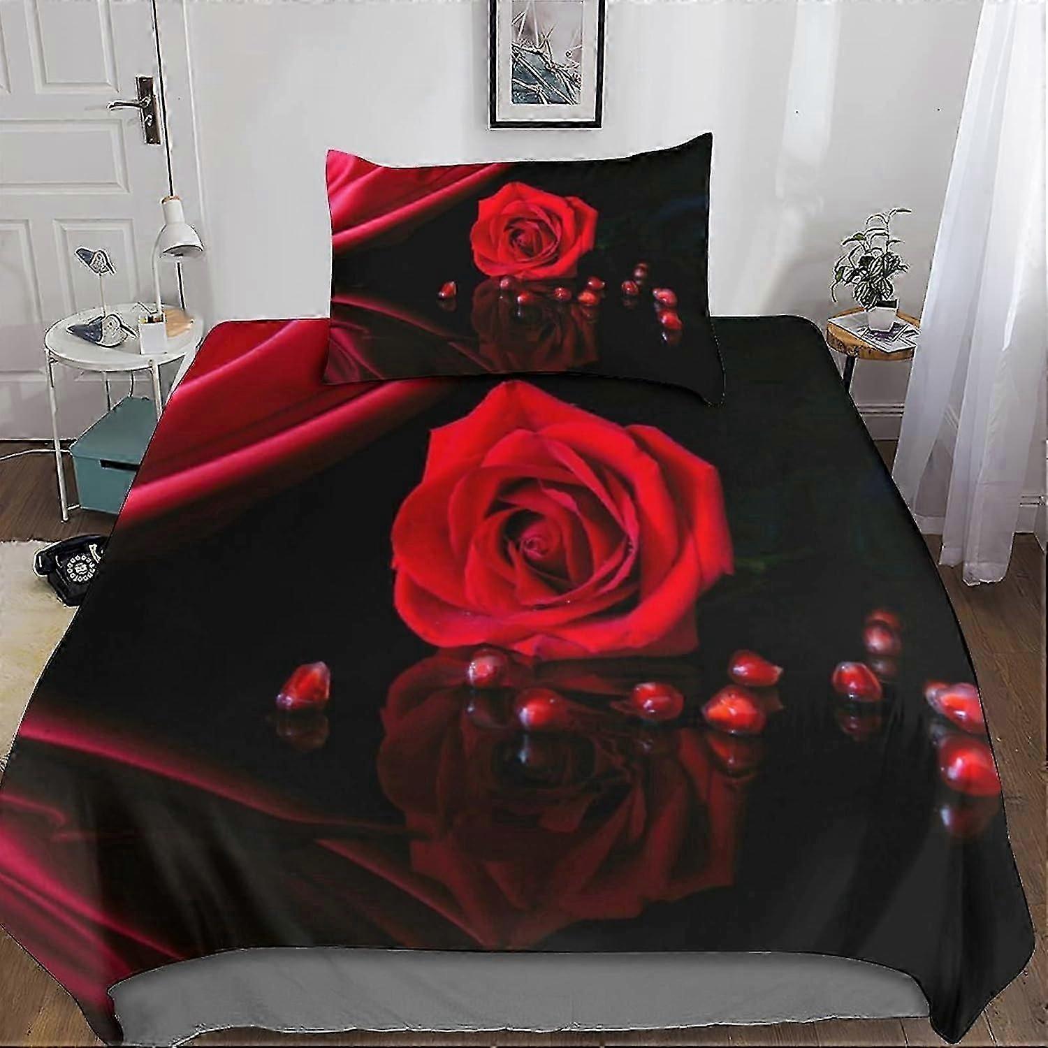 J3599 Lençóis 3D Impresso Red Rose Duvet Cover Conjunto de Cama, Conjuntos de Capa de Edredão Conjunto de 3 Peças Flor Microfibra Macia com Fecho de Zíper Capas de Colcha para 