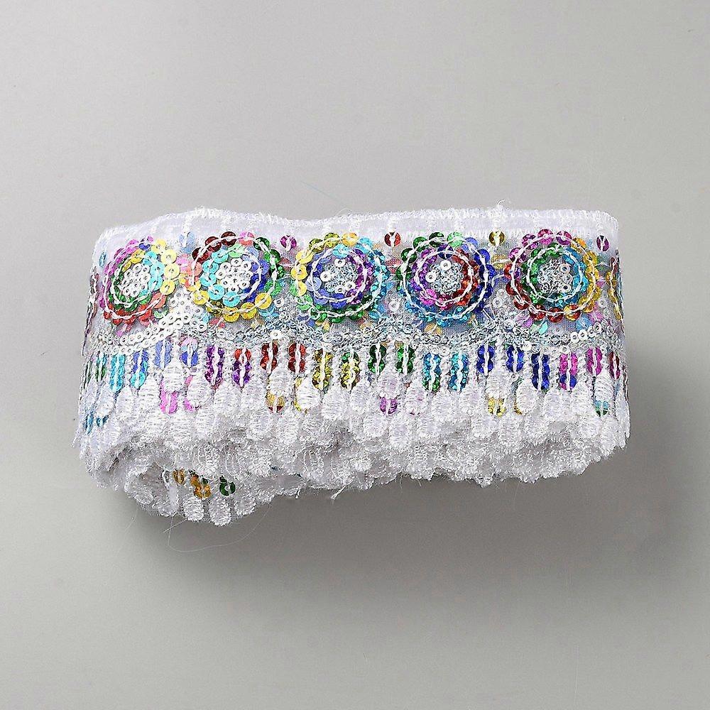 Polyester Rainbow Paillette Lace Ribbon Sparkle Lace Trim with Sequins White 2-3/8 inch(61mm) about 10 yards/bundle