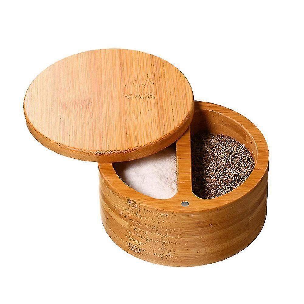 Premium Bamboo Salt Container, Salt Cellar With Magnetic Swivel Lid - Salt Box With Spoon