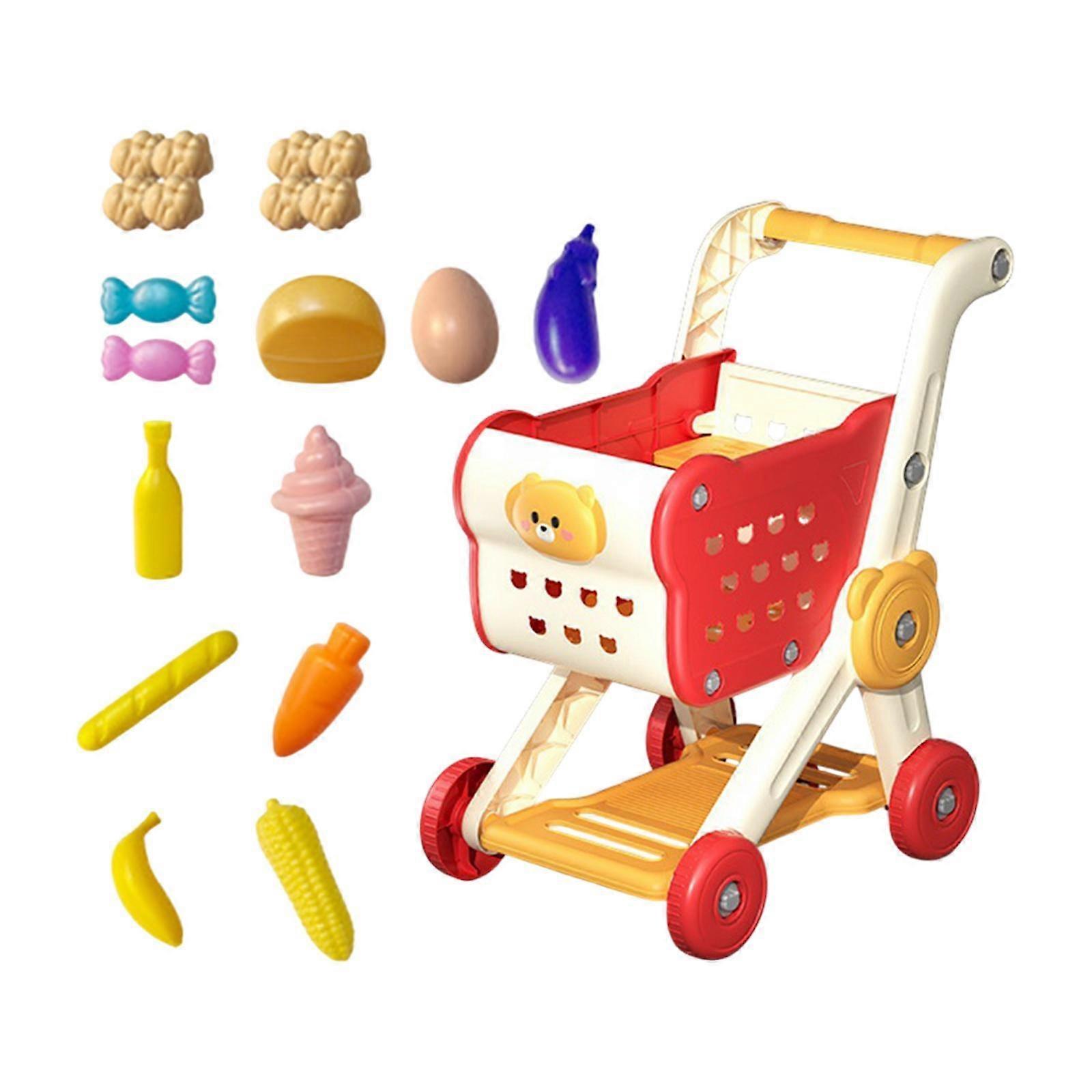 Kids Shopping Cart with 15Pcs Play Food Interactive Learning Shopping Skills for