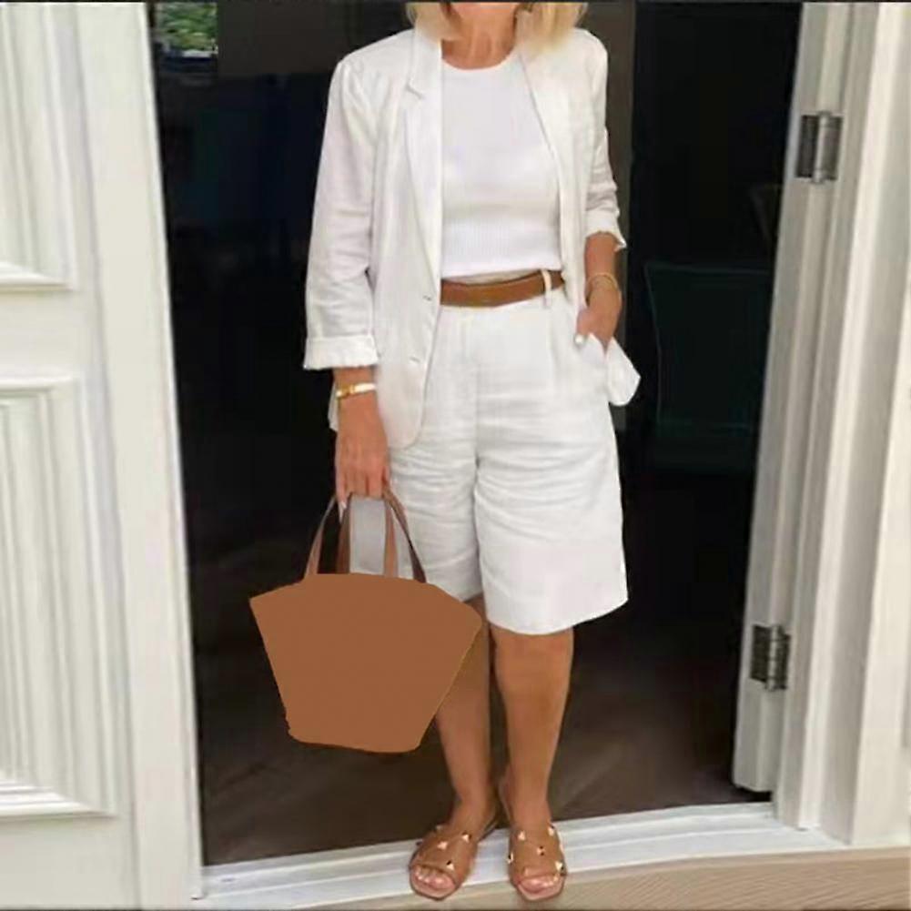 1 Set Blazer Short Sets Half Shorts Solid Color Single Breasted Women's Suit Cotton linen cardigan Summer Loose-fitting Buttons Outfit for Office