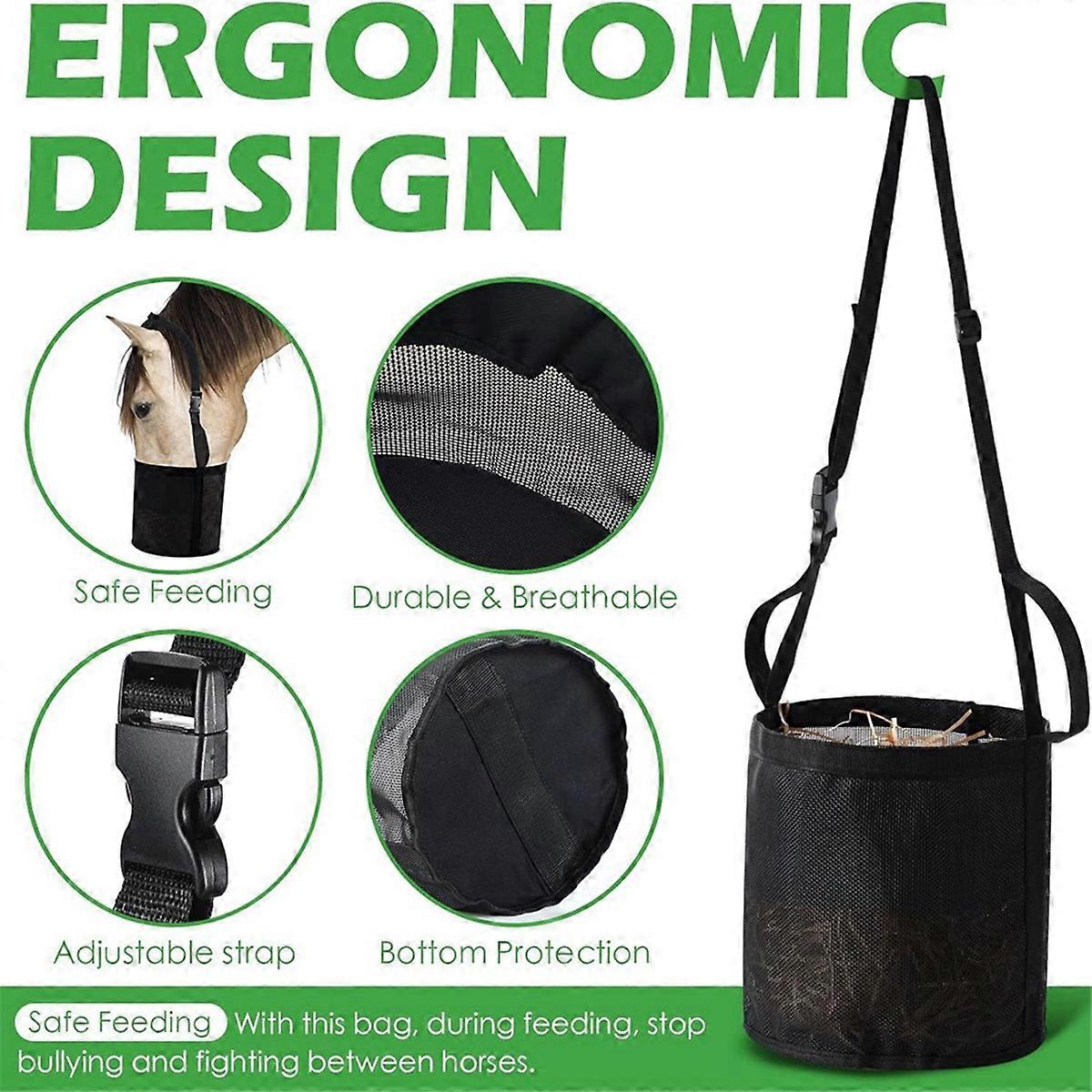 Justerbar elastisk høyfôrpose for hester - utendørs halsfôrpose i svart S-18x21cm