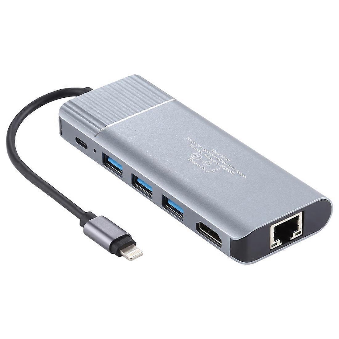 6-in-1-USB 2.0 x 3 + HDMI + RJ45 + 8-polige Ladebuchse auf 8-poligen Multifunktions-Dockingstation-Adapter