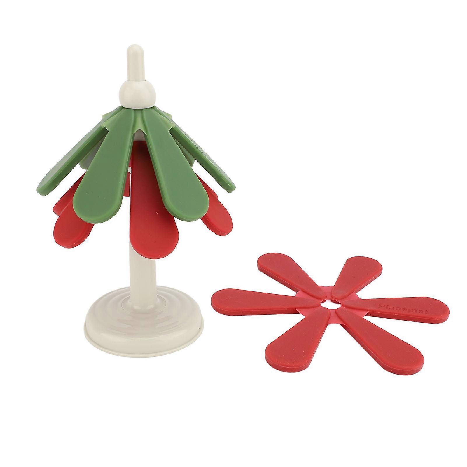 Tree Shape Trivet Set Silicone Anti Scald Foldable Insulated Coasters Cup Mats for Hot Dishes Tabletop Decoration Red and Green Round Base 
