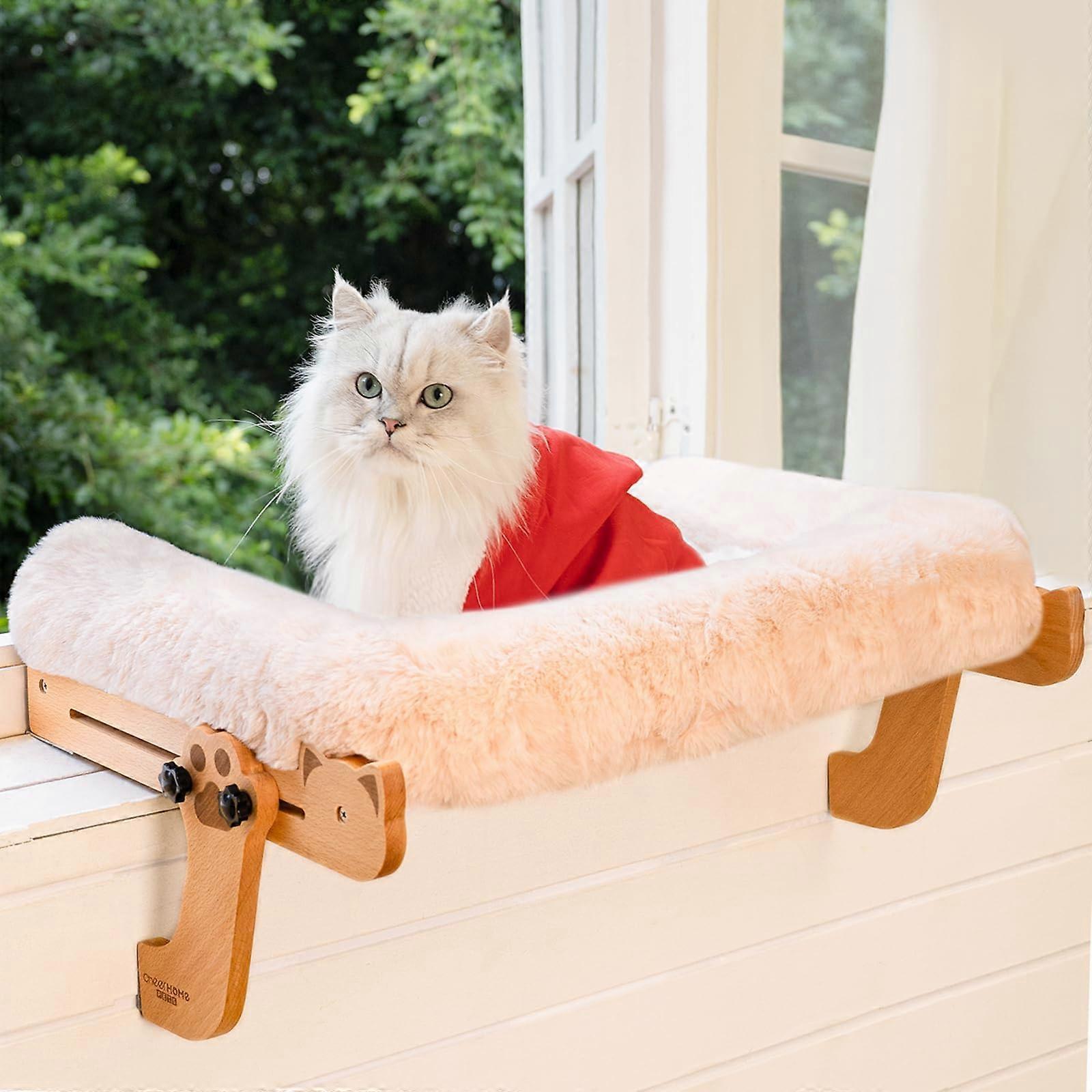 Cat Window Perch with Washable Bolster, Adjustable Wooden Seat for Cats, Fluffy Hammock Bed, Thickened White Design