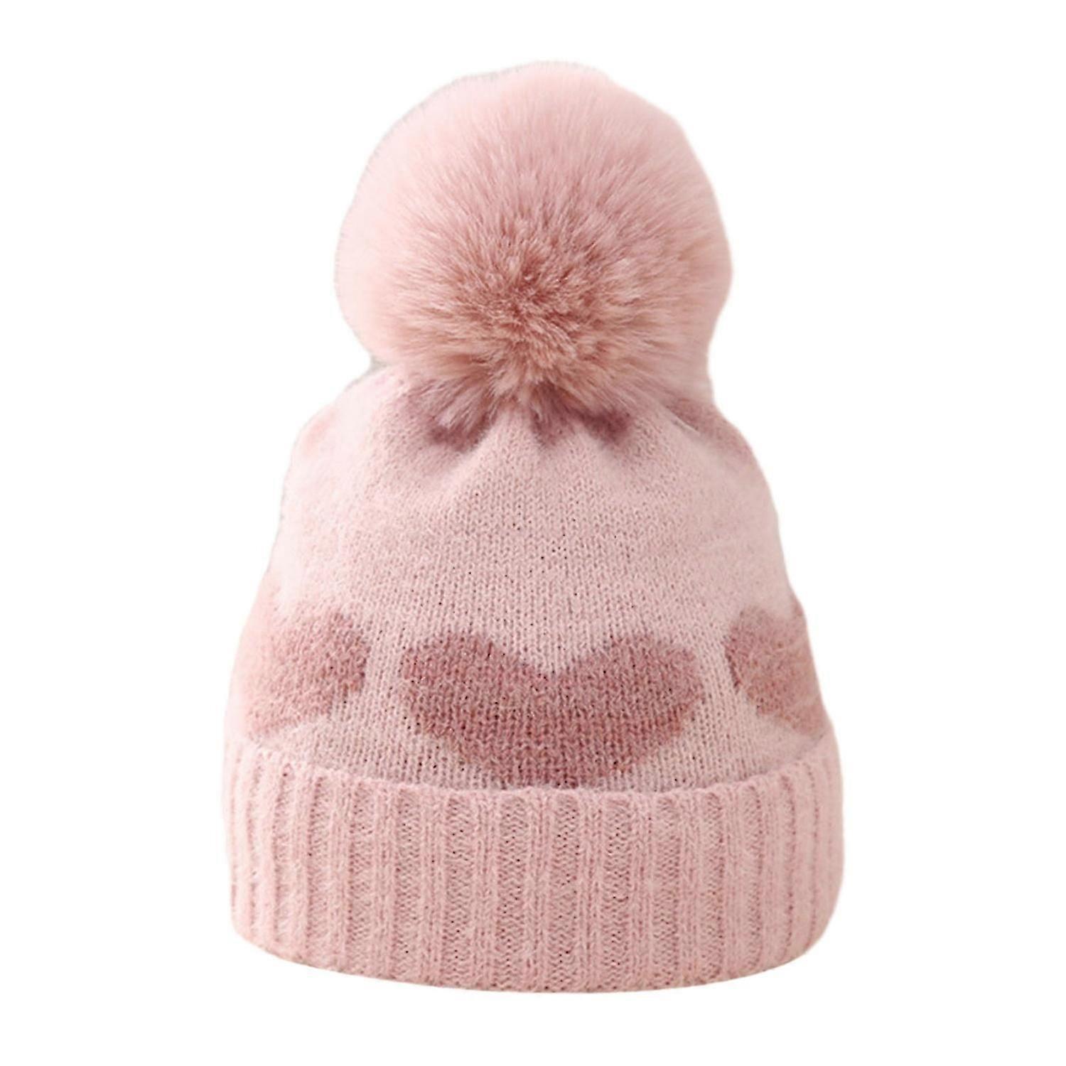 Winter Children Hat Heart Print Color Matching Plush Ball Decor Soft Thick Knitted Elastic Anti-slip