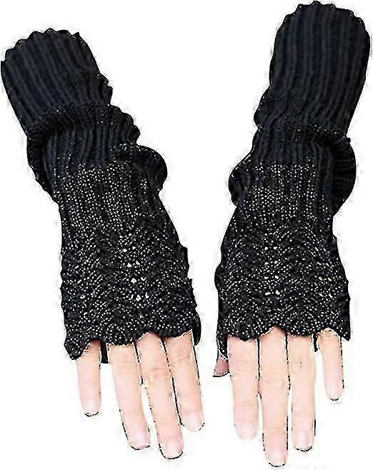 المرأة ميزان تصميم الشتاء دافئ محبوك طويل ذراع تدفئة قفازات2setgray + أسود