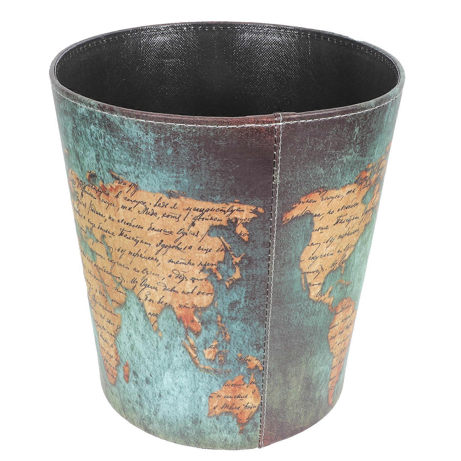 Vintage Waste Paper Basket with Classic Map Print for Office and Home Decorative Trash Storage – Smooth Surface Design
