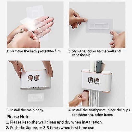 Automatic Toothpaste Dispenser and Toothbrush Holder 2 Squeezer with 5 Brushes 4 Cups Pink