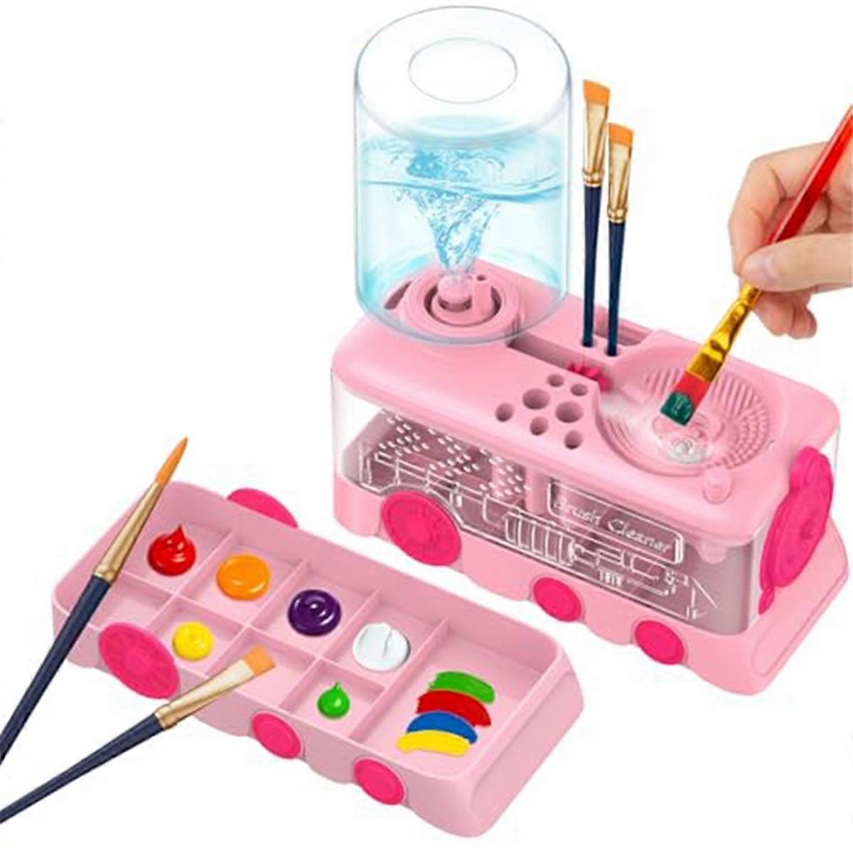 Upgraded Cartoon Paint Brush Cleaner with Tray, Holder & Drain for Acrylic and Watercolor Painingts Pink
