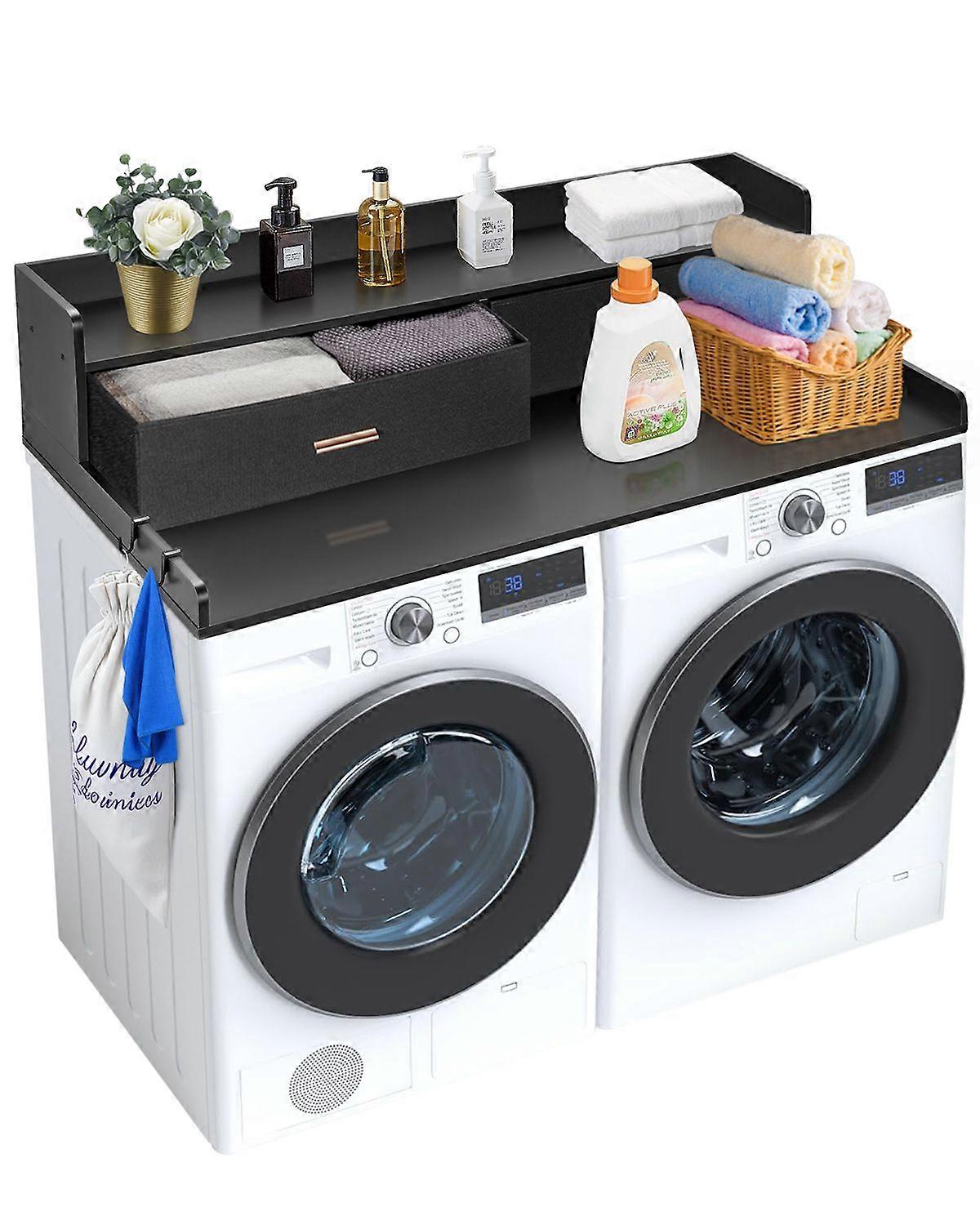 2 Drawers Washer Dryer Countertop with 2-Tier Shelf, 54" x 27" Wooden Washer and Dryer Countertop with Non-Slip Pads, Black
