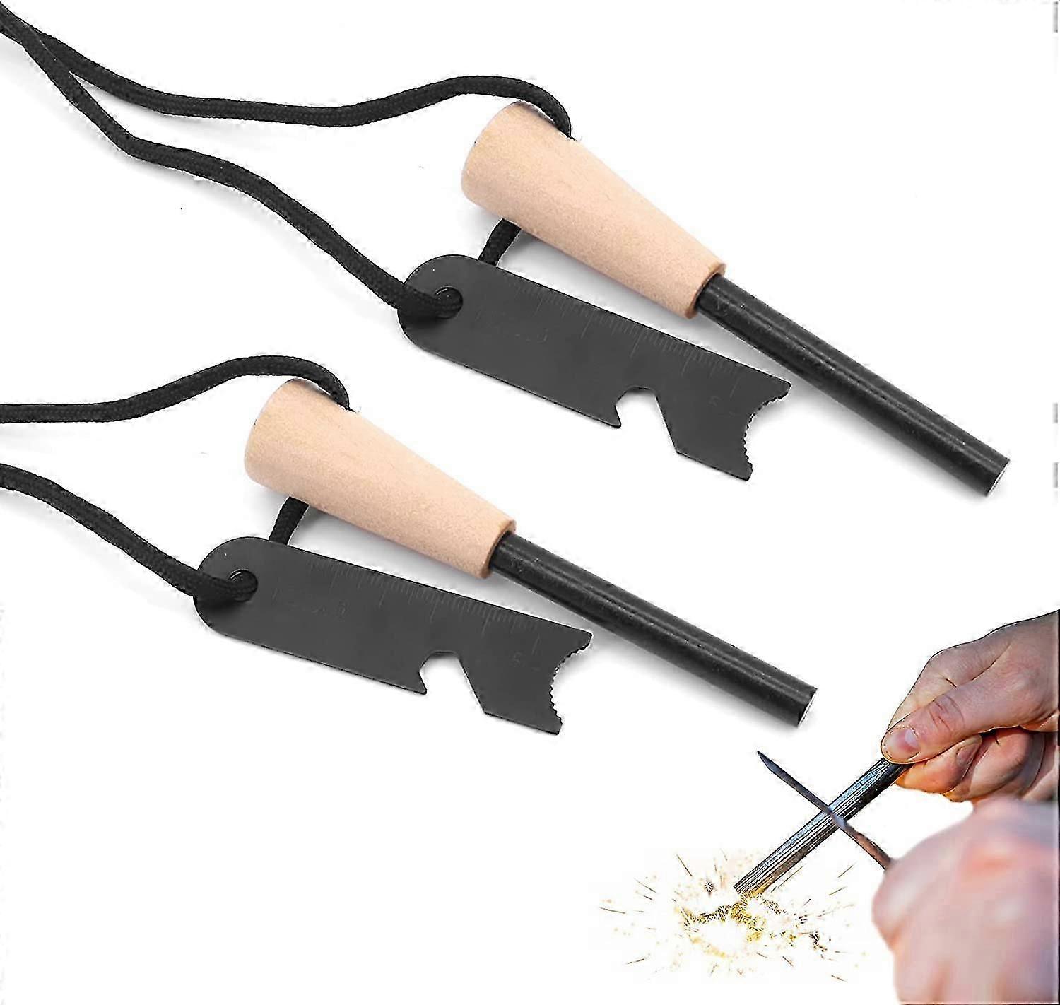 Set of 2 Flint and Steel,Flint Striker Survival for Bushcraft,Magnesium Stick Fire Starter Kit with Handcrafted Wooden Handle,20,000 Spray Sparks Reus