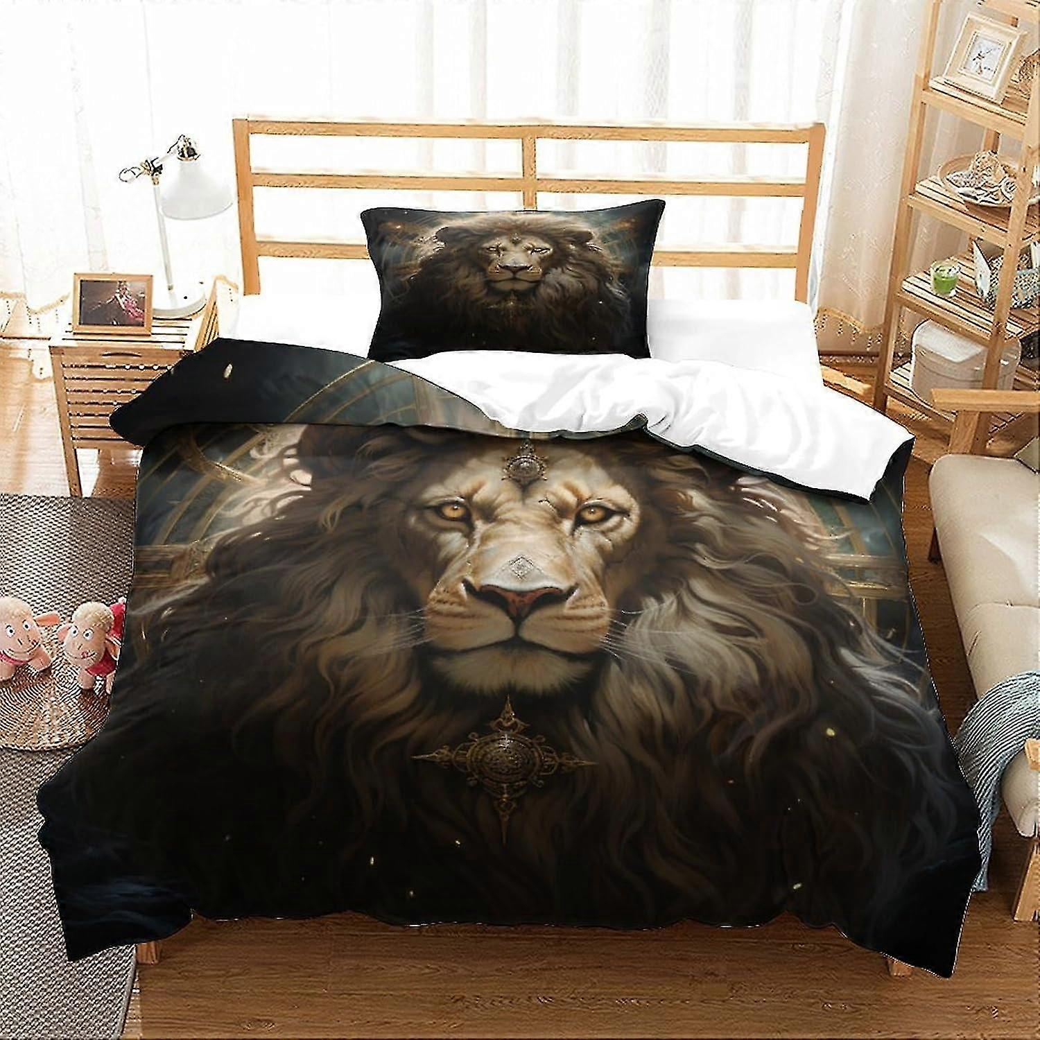 Conjunto de capa de edredom 3D Starry Sky Lion em estilo tarô Capa de edredão leve com fecho de zíper para crianças e adultos (2Pcs Single)