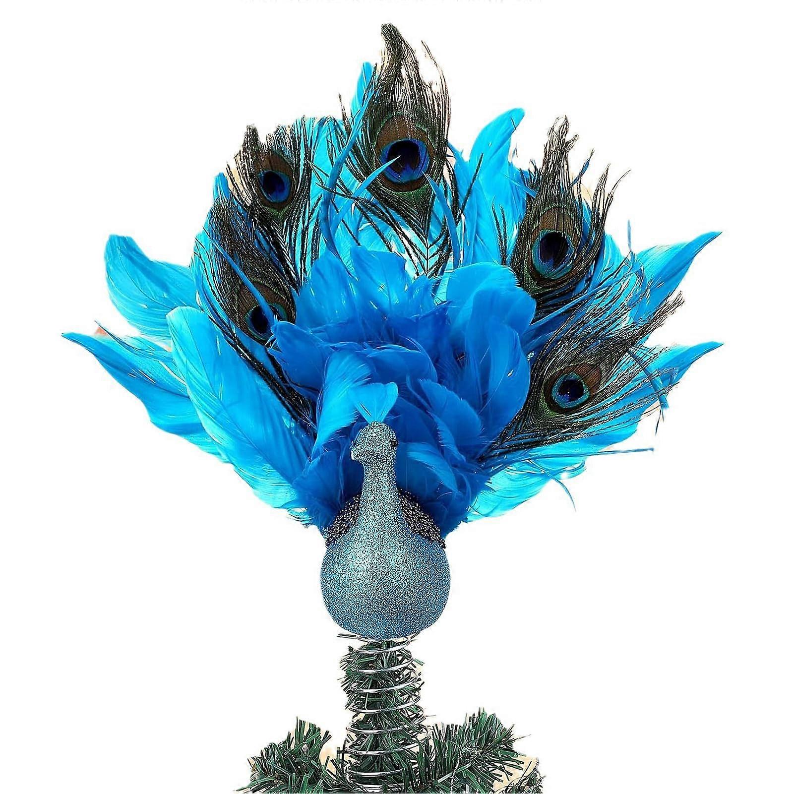 Peacock Christmas Tree Topper, Glittering Blue Peacock with Long Tail (5 Feathers)