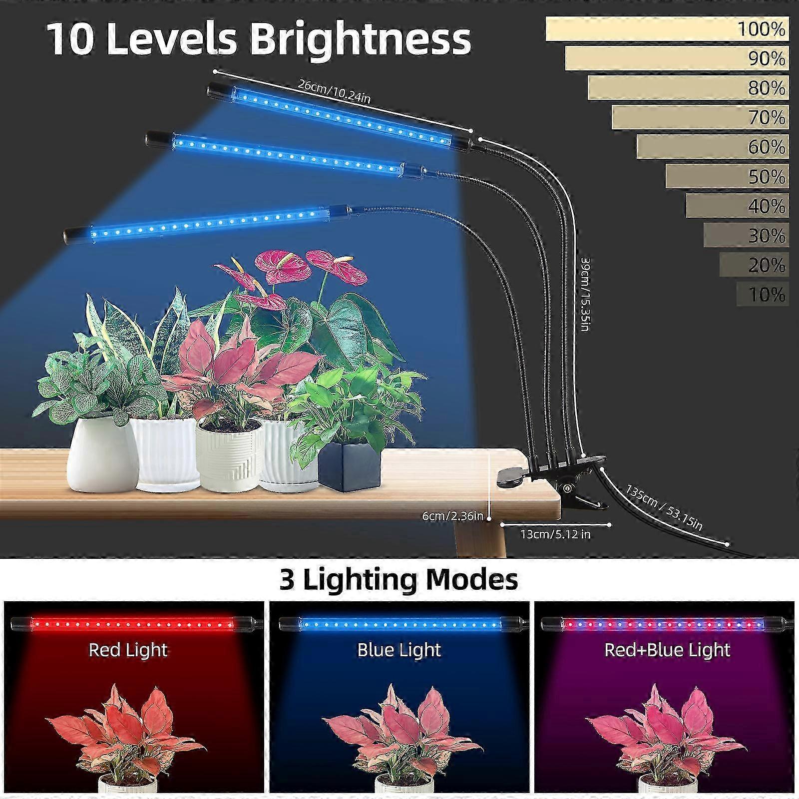 Full Spectrum LED Grow Lights with Clip-On Design - 4-Head Plant Growing Lamp with Red & Blue LEDs, 10-Level Dimmable & Timer Options